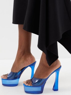 AMINA MUADDI Dalida 140 PVC platform mules in blue – clear square open toe platforms – high scupted heels – transparent mule sandals - flipped