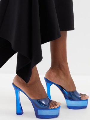 AMINA MUADDI Dalida 140 PVC platform mules in blue – clear square open toe platforms – high scupted heels – transparent mule sandals
