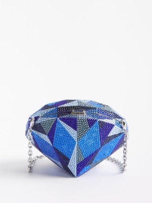JUDITH LEIBER Diamond Sapphire crystal-embellished clutch bag in blue – occasion bags in the shape of cut precious stones – small luxe event handbags - flipped