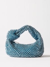 BOTTEGA VENETA Jodie crystal-netting clutch bag in blue – grab bags covered in crystals – knot top hanle handbags