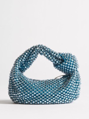 BOTTEGA VENETA Jodie crystal-netting clutch bag in blue – grab bags covered in crystals – knot top hanle handbags - flipped