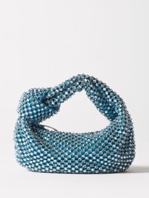 BOTTEGA VENETA Jodie crystal-netting clutch bag in blue – grab bags covered in crystals – knot top hanle handbags