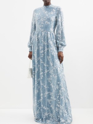 ERDEM Kara sequinned crepe gown in blue – romance inspired floral sequin gowns – matchesfashion - flipped
