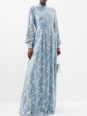 ERDEM Kara sequinned crepe gown in blue – romance inspired floral sequin gowns – matchesfashion