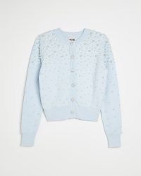 River Island BLUE PEARL DETAIL CARDIGAN | women’s embellished button up cardigans
