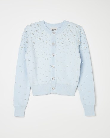 River Island BLUE PEARL DETAIL CARDIGAN | women’s embellished button up cardigans - flipped