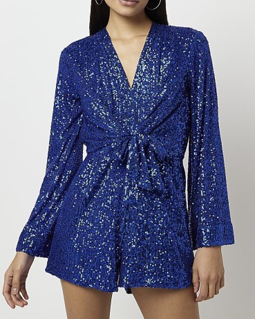 RIVER ISLAND BLUE SEQUIN TIE FRONT PLAYSUIT / womens glittering sequinned playsuits - flipped