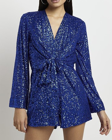 RIVER ISLAND BLUE SEQUIN TIE FRONT PLAYSUIT / womens glittering sequinned playsuits