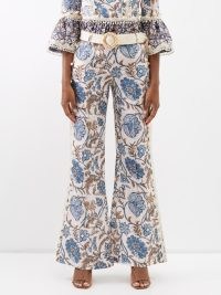 ZIMMERMANN Vitali lace-trimmed floral-print flared trousers in blue / pompom lace trim flares