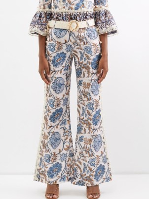 ZIMMERMANN Vitali lace-trimmed floral-print flared trousers in blue / pompom lace trim flares - flipped