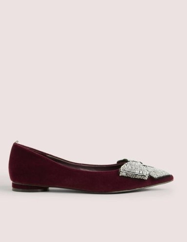 Boden Bow Embellished Pointed Flats in Mulled Wine | jewel tone point toe flat ballerina shoes - flipped