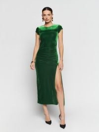 Brecken Knit Dress in Green Velvet ~ luxe jewel tone ruched detail evening dresses ~ midi length ~ short cap sleeves ~ thigh high slit party fashion