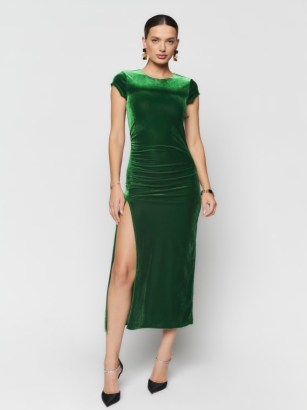 Brecken Knit Dress in Green Velvet ~ luxe jewel tone ruched detail evening dresses ~ midi length ~ short cap sleeves ~ thigh high slit party fashion - flipped