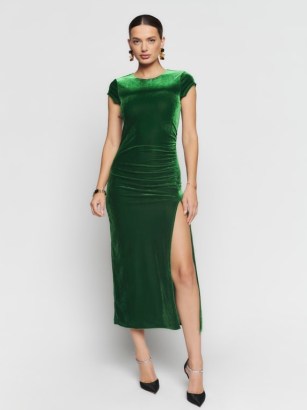 Brecken Knit Dress in Green Velvet ~ luxe jewel tone ruched detail evening dresses ~ midi length ~ short cap sleeves ~ thigh high slit party fashion