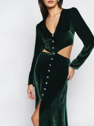 Reformation Brisa Velvet Dress in Forest – green long sleeved side cut out dresses