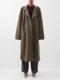 RAEY Exaggerated-shoulder split-side wool coat in brown ~ women’s oversized slit hem longline coats