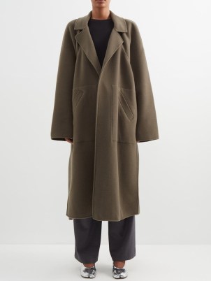RAEY Exaggerated-shoulder split-side wool coat in brown ~ women’s oversized slit hem longline coats - flipped