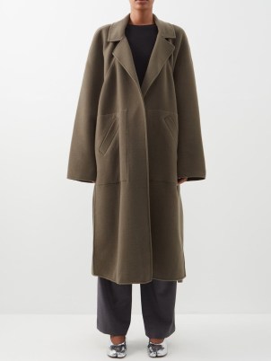 RAEY Exaggerated-shoulder split-side wool coat in brown ~ women’s oversized slit hem longline coats
