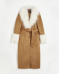 RIVER ISLAND BROWN FAUX FUR SUEDETTE LONGLINE COAT ~ women’s retro style shaggy trim coats ~ womens 70s vintage inspired fashion