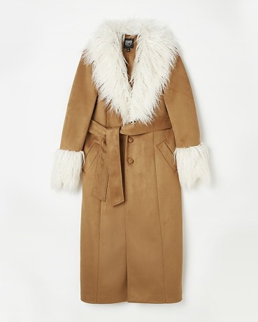 RIVER ISLAND BROWN FAUX FUR SUEDETTE LONGLINE COAT ~ women’s retro style shaggy trim coats ~ womens 70s vintage inspired fashion - flipped