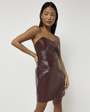 RIVER ISLAND BROWN FAUX LEATHER BANDEAU MINI DRESS ~ strapless high shine party dresses
