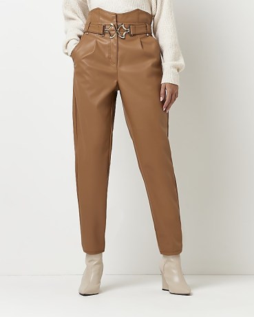 BROWN FAUX LEATHER PAPERBAG STRAIGHT TROUSERS ~ women’s fake leather fashion - flipped