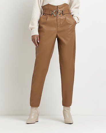 BROWN FAUX LEATHER PAPERBAG STRAIGHT TROUSERS ~ women’s fake leather fashion