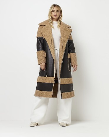 RIVER ISLAND BROWN FAUX LEATHER SHEARLING LONGLINE COAT ~ women’s textured panel coats - flipped