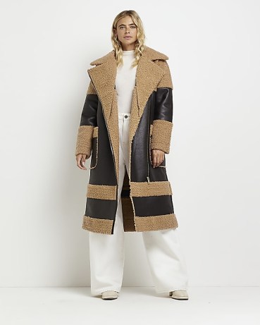 RIVER ISLAND BROWN FAUX LEATHER SHEARLING LONGLINE COAT ~ women’s textured panel coats