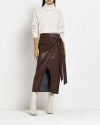 RIVER ISLAND BROWN FAUX LEATHER WRAP MIDI SKIRT – side tie skirts