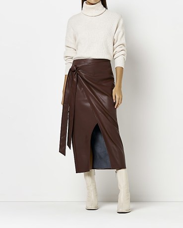 RIVER ISLAND BROWN FAUX LEATHER WRAP MIDI SKIRT – side tie skirts - flipped