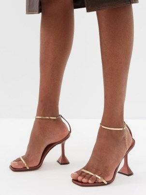 AMINA MUADDI Henson 95 leather sandals in brown – barely there fluted heels – flared martini glass heel - flipped