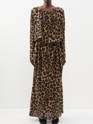 RAEY Leopard-print drawstring-neck silk dress in brown / silky animal print maxi dresses / fluid fashion