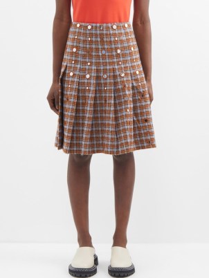 WALES BONNER Sitar pleated plaid skirt / check print wool blend embellished skirts / shimmering mirrored disc embellishment - flipped