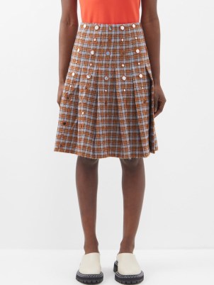 WALES BONNER Sitar pleated plaid skirt / check print wool blend embellished skirts / shimmering mirrored disc embellishment