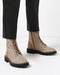 RIVER ISLAND BROWN WIDE FIT MONOGRAM JACQUARD ANKLE BOOTS