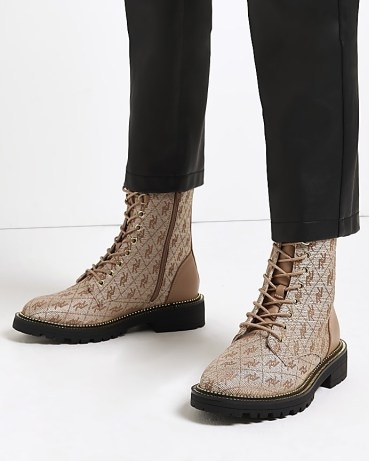 RIVER ISLAND BROWN WIDE FIT MONOGRAM JACQUARD ANKLE BOOTS - flipped