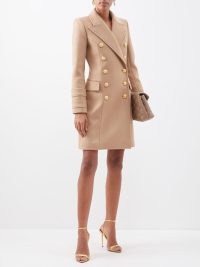 BALMAIN Double-breasted wool coat in camel – luxe light brown padded shoulder coats – gold button detail – matchesfashion women’s outerwear