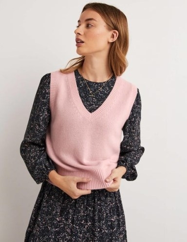 Boden Cashmere V-Neck Knitted Tank in Coconut Ice Pink ~ luxe knitted tanks ~ women’s sleeveless sweaters - flipped