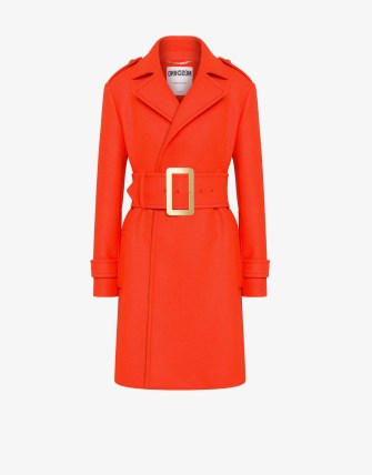MOSCHINO CLOTH COAT WITH BELT ORANGE | women’s belted retro inspired coats | wide statement belt - flipped