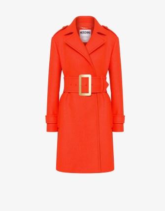 MOSCHINO CLOTH COAT WITH BELT ORANGE | women’s belted retro inspired coats | wide statement belt