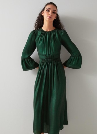 L.K. BENNETT Coddington Dark Green Lame Georgette Dress ~ women’s chic metallic party dresses - flipped