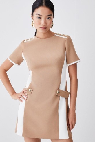 KAREN MILLEN Compact Stretch Tipped A Line Mini Dress in Camel – retro inspired dresses – women’s chic vintage style fashion - flipped