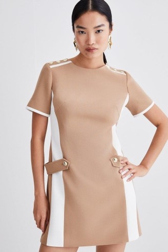 KAREN MILLEN Compact Stretch Tipped A Line Mini Dress in Camel – retro inspired dresses – women’s chic vintage style fashion