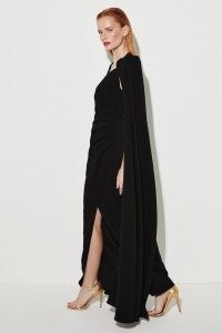 KAREN MILLEN Compact Viscose Cape Maxi Dress in Black ~ side ruched drape detail evening dresses ~ glamorous occasion clothes ~ statement event fashion