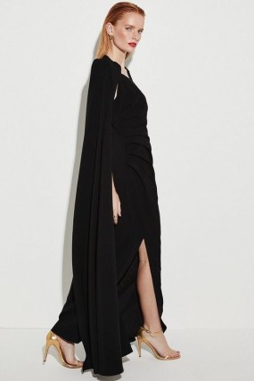 KAREN MILLEN Compact Viscose Cape Maxi Dress in Black ~ side ruched drape detail evening dresses ~ glamorous occasion clothes ~ statement event fashion - flipped