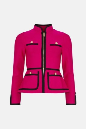 KAREN MILLEN Contrast Piping Bandage Jacket in Fuchsia ~ hot pink fitted jackets - flipped