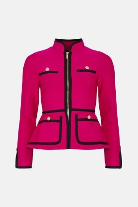 KAREN MILLEN Contrast Piping Bandage Jacket in Fuchsia ~ hot pink fitted jackets