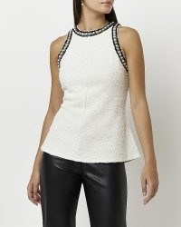 RIVER ISLAND CREAM BOUCLE EMBELLISHED PEPLUM TOP ~ sleeveless textured faux pearl trimmed evening tops