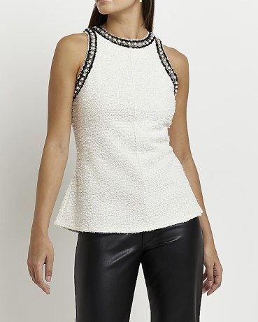 RIVER ISLAND CREAM BOUCLE EMBELLISHED PEPLUM TOP ~ sleeveless textured faux pearl trimmed evening tops - flipped